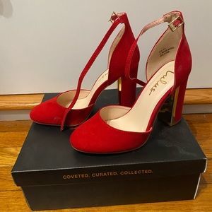 Lulu’s Red Suede Strap Heels with Golden Heel Size 6.5